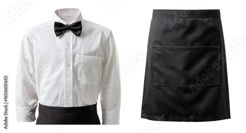 Elegant Waiter Uniform Set with Bow Tie and Black Apron Isolated