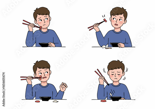 Illustration of a young man struggling to eat with chopsticks, dropping food and showing frustration while learning to use Asian utensils.