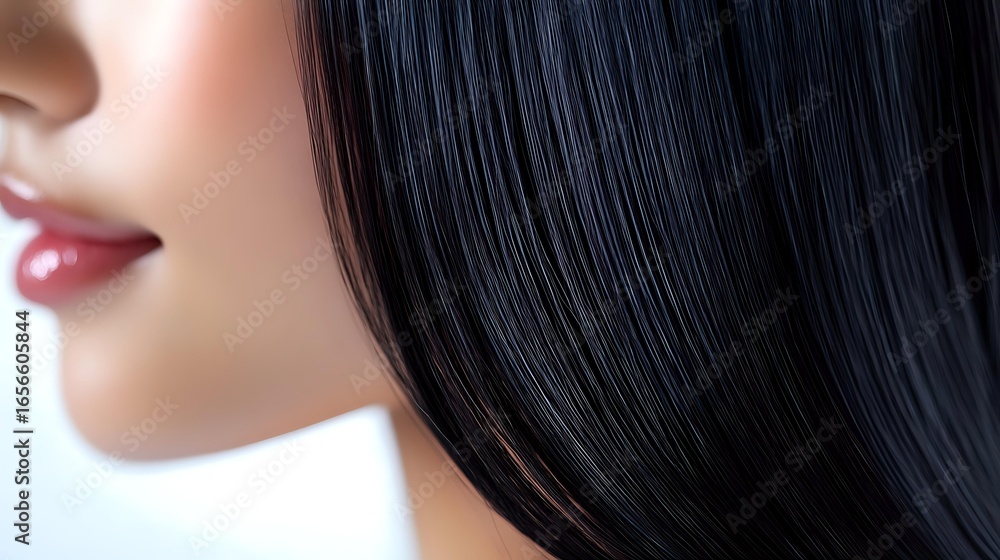 Naklejka premium Close up profile view of Asian woman with glossy black straight hair and red lipstick against white background, beauty and cosmetics concept.