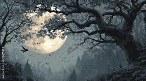 Halloween banner with spooky tree branches, bats, and witch under full moon