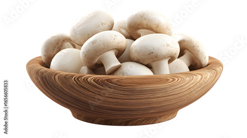 wooden bowl of champignon mushrooms isolated on white background, HD realistic