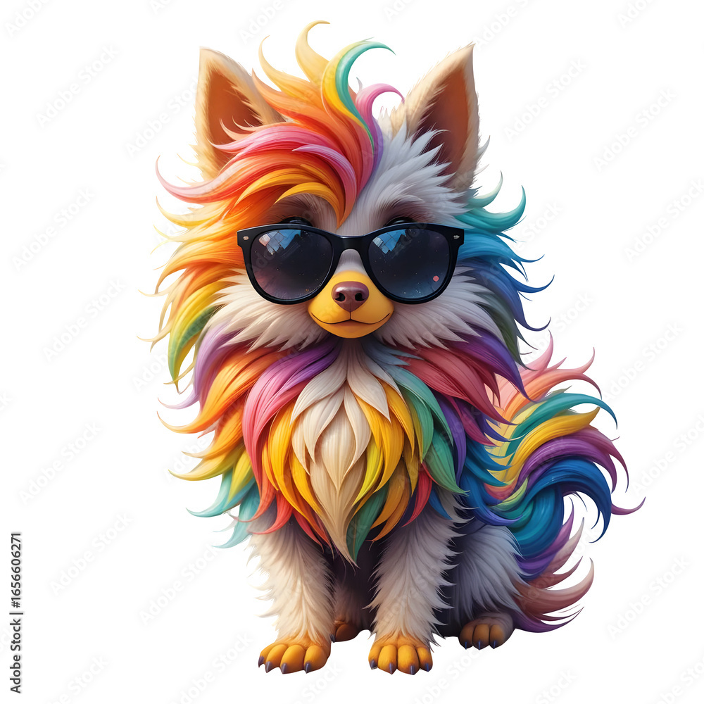 Stylized rainbow dog with fluffy fur and sunglasses sitting on black background illustration
Stylized rainbow dog with fluffy fur and sunglasses sitting on black background illustration
