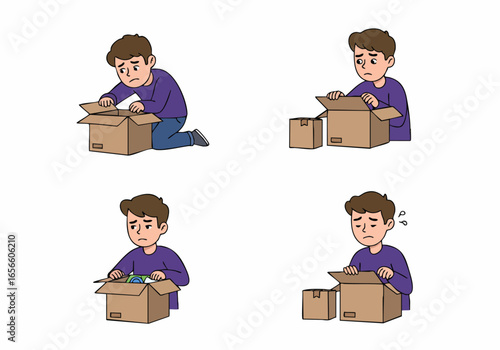 Frustrated man unboxing a package, experiencing disappointment or problems with delivery, potentially due to missing items or unexpected contents.