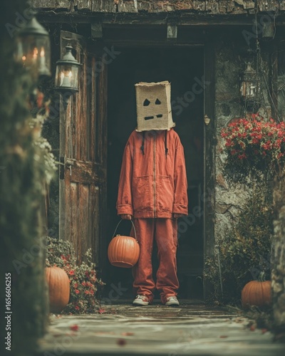 Halloween character with red outfit holding candy bucket
