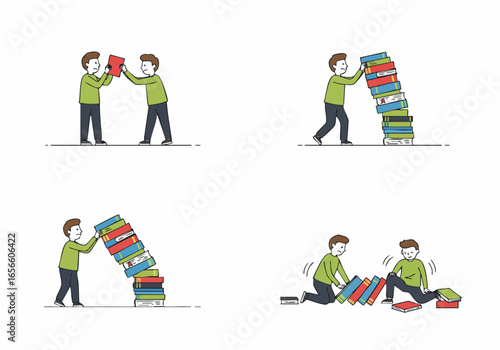Visual story of two people handling a book stack, depicting collaboration, increasing burden, struggle, and ultimate collapse.