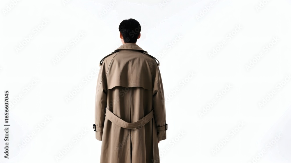 Fototapeta premium portrait of person in long coat standing back view pure white seamless backdrop