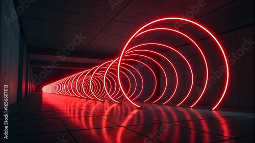 An abstract red tunnel with a spiral pattern of light trails, creating a dynamic vector illustration of a curved motion