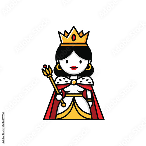 Cute Cartoon Queen Character with Crown and Scepter.