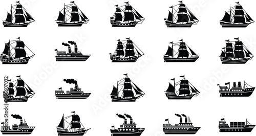 Vintage sailboats and ships silhouettes perfect for nautical designs and travel