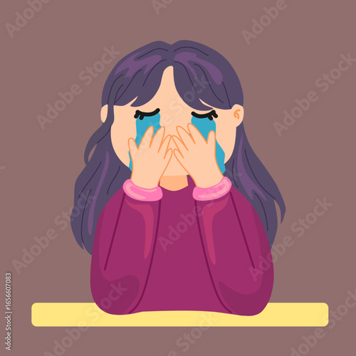 Flat vector of a sad woman crying with her face covered by hands. Used for stress, depression, burnout, sadness, and mental health awareness concepts.