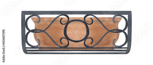 Photography Decorative flower pot in black wrought iron wall holder isolated on white