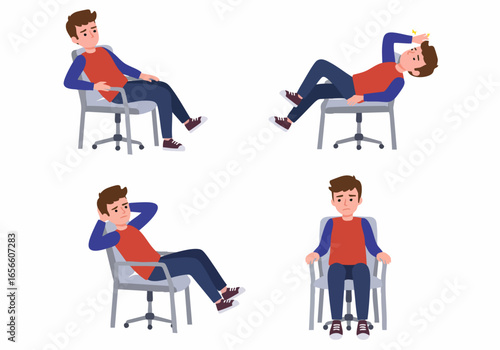 Illustrations of a Young Man Experiencing Discomfort, Headache, and Fatigue While Sitting on an Office Chair.