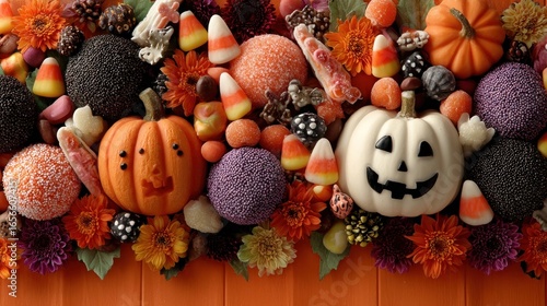 Halloween frame of candies and decorations on orange background