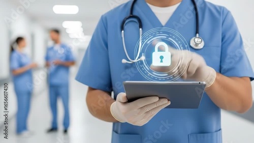 Medical professional with a tablet A glowing padlock hovers symbolizing secure data A hospital hallway background depicts colleagues in scrubs Technology and healthcare