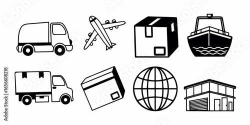 Illustration showing various modes of transportation including truck airplane box boat and building for delivery