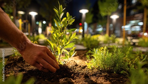 Fototapeta Naklejka Na Ścianę i Meble -  A person plants a small tree at night