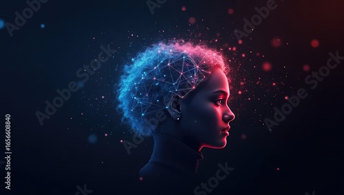 Profile view of a person with a network-like design on their head.