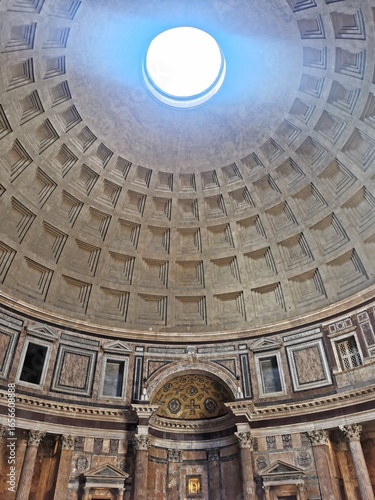 The magnificent coffered dome and central oculus of the ancient Roman Pantheon, a marvel of engineering and design