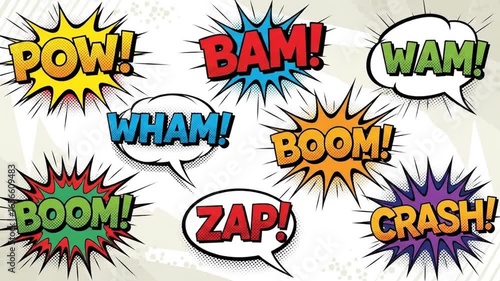 Dynamic Comic Book Action Sound Effects: Pow, Bam, Wham Animation Background for Creative Projects and Visual Storytelling