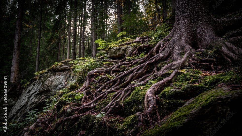 Exposed Tree Roots and Mossy Ground in Forest Exposed Tree Roots and Mossy Ground in Forest