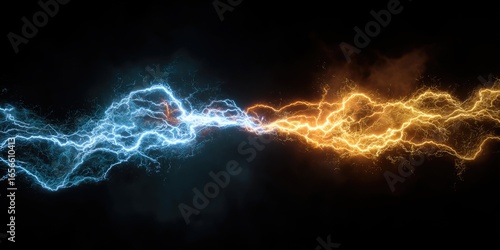 Abstract image of colliding energy forces, blue and orange streaks against black background