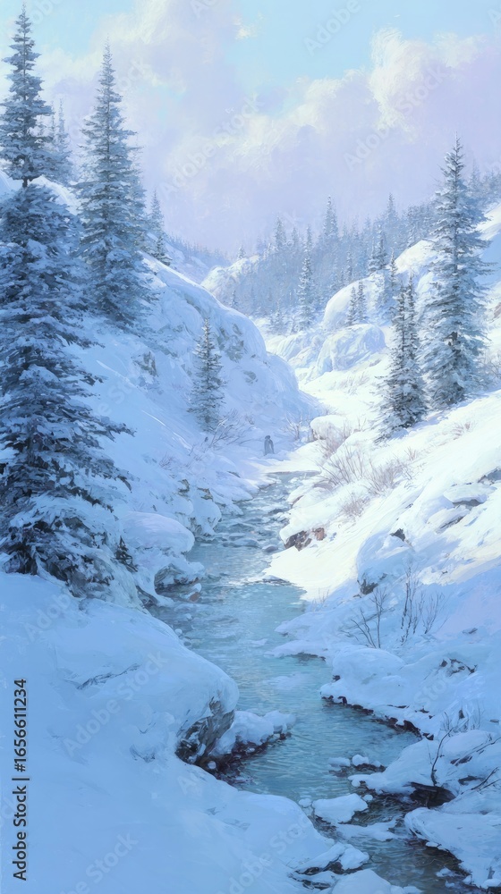 custom made wallpaper toronto digitalSnowy mountain vista with river flowing through valley, sunlit