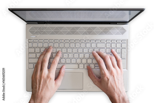 top view of a laptop on transparent background with hands typing on the keyboard
