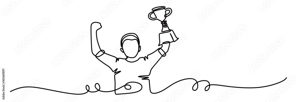 Fototapeta premium continuous line art of a young man lifting a trophy. the concept of celebrating victory. the champion and the winner