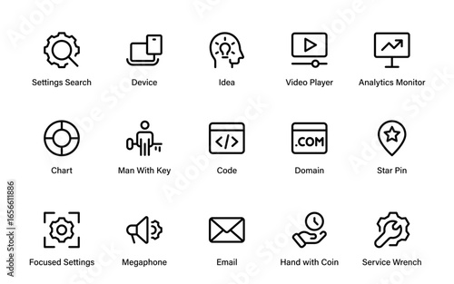 SEO – Search Engine Optimization. Thin‑line icon set for web, digital marketing, ranking, analytics, and website growth. Simple vector symbols for strategy and development.