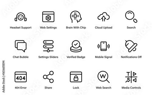 SEO – Search Engine Optimization. Thin‑line icon set for web, digital marketing, ranking, analytics, and website growth. Simple vector symbols for strategy and development.