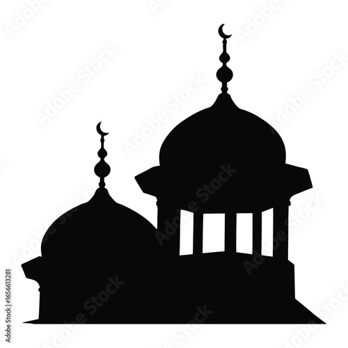 Two mosque domes with crescent moon finials are visible in stark black silhouette