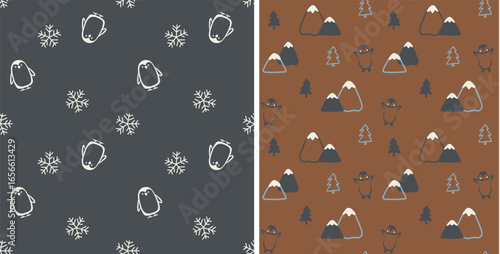 Cute Winter Woodland and Arctic Seamless Pattern Set - Hand-Drawn Penguin, Snowflake, and Mountain Yeti