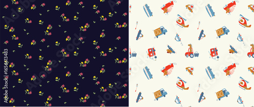 Feminine Ditsy Floral and Boys' Vehicle Seamless Pattern Set - Vintage Flower and Kids' Car and Truck Backgrounds
