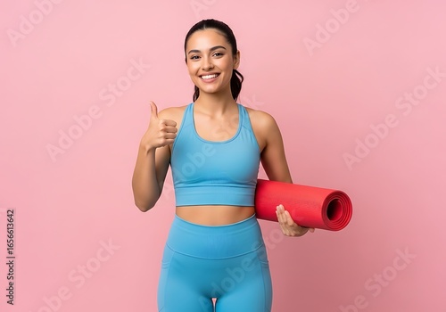 Young woman in blue sportswear holding a yoga mat and giving a thumbs up