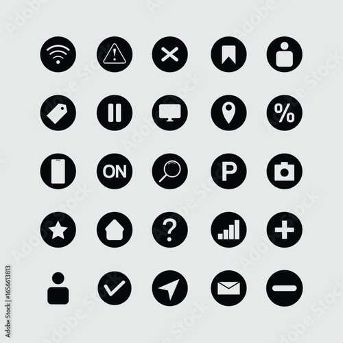 Black round web and app interface icons set for UI UX design and mobile application