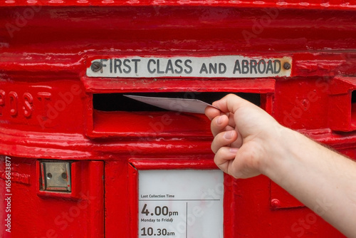 Photos Male hand posting letter into red british post box on street, concept of communi
