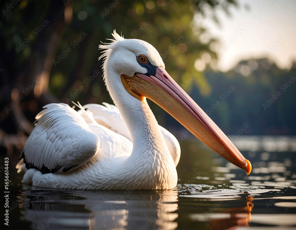 White pelican in tranquil water at sunrise White pelican in tranquil water at sunrise