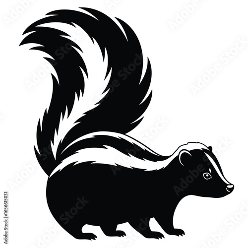 Black and white silhouette of a skunk with a bushy tail
