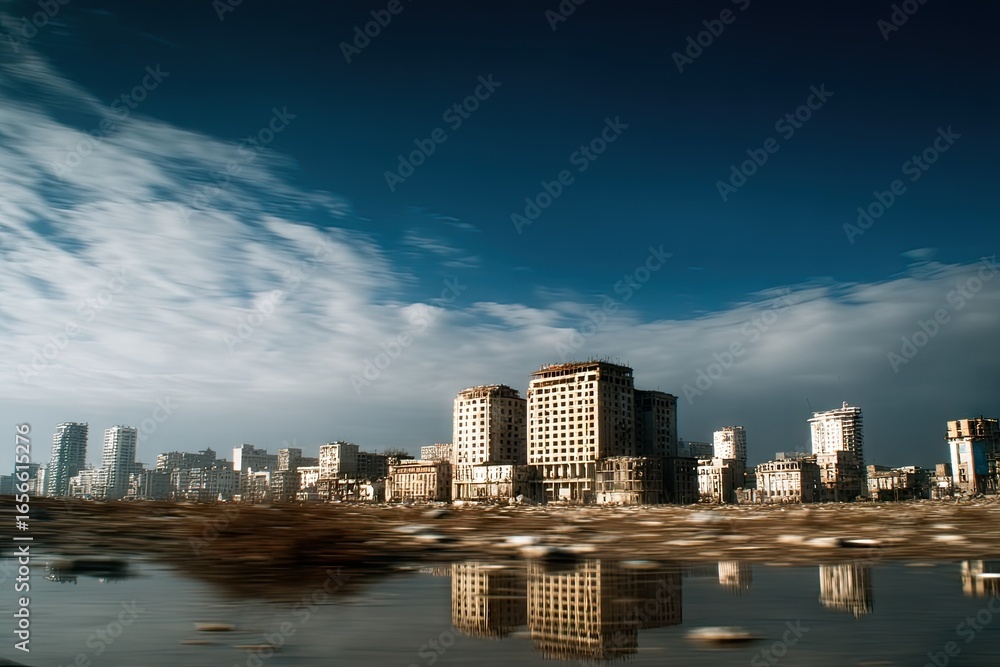 Obraz premium Ruined city skyline, reflected in a puddle