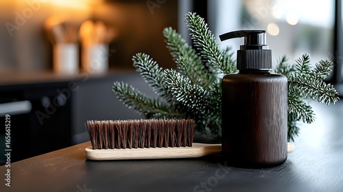 Wooden brush and dark brown cosmetic dispenser bottle with pine branches on black surface, creating minimalist spa composition for wellness and beauty.