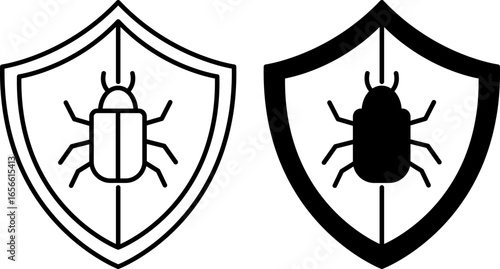 Antivirus Icons. Black and White Vector Illustrations. Shield and Bug. Malware Detecting and Neutralizing Program. Data Security and Protection Concept