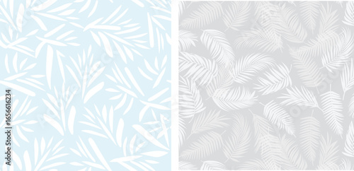 Minimalist and Tropical Leaf Seamless Pattern Set - Abstract Botanical and Palm Frond Vector Backgrounds