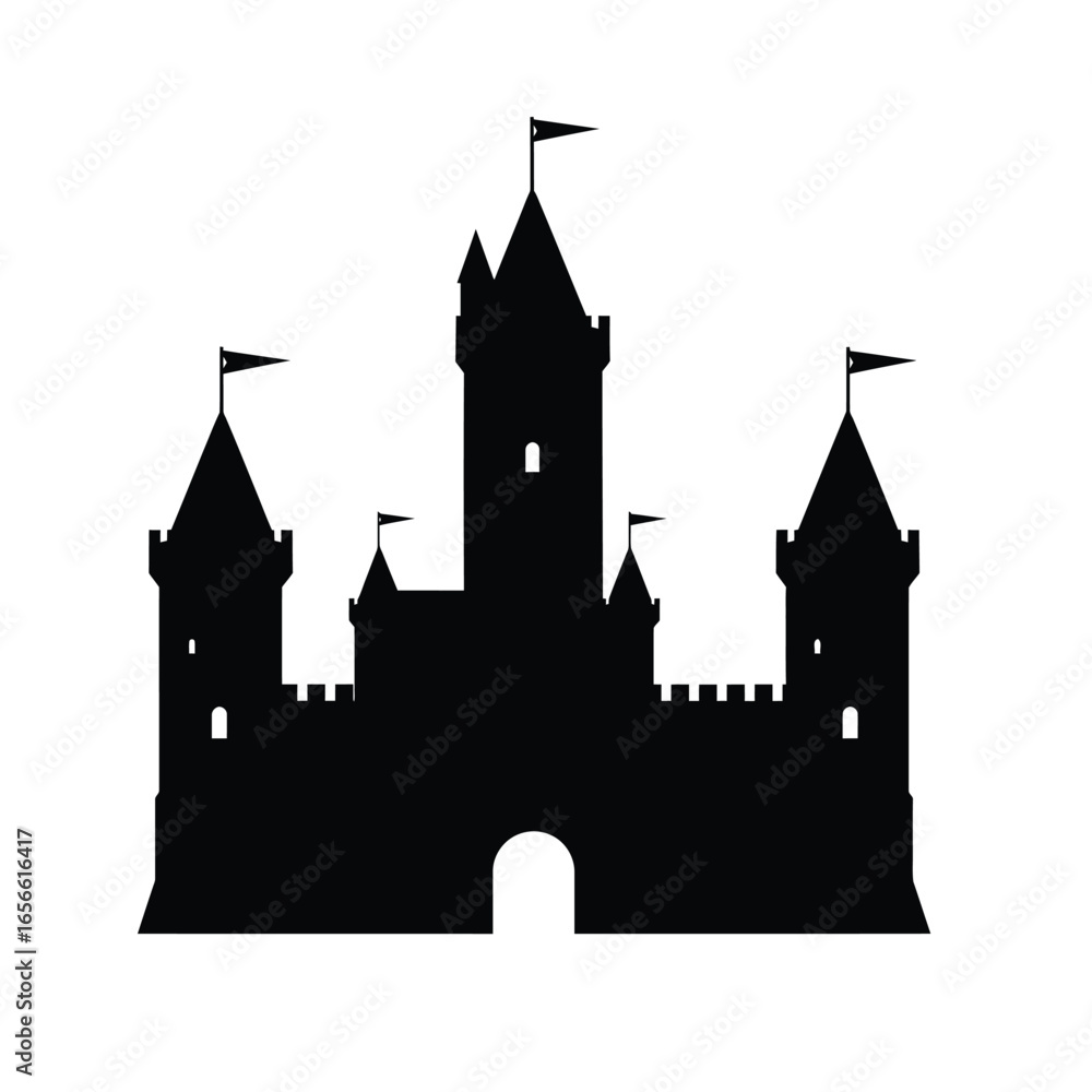 Obraz premium Black silhouette of a medieval castle with flags on white background