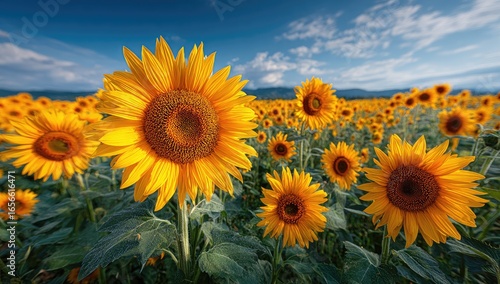 Sunflowers Blooming in a Sunny Field Under Blue Sky With Clouds.