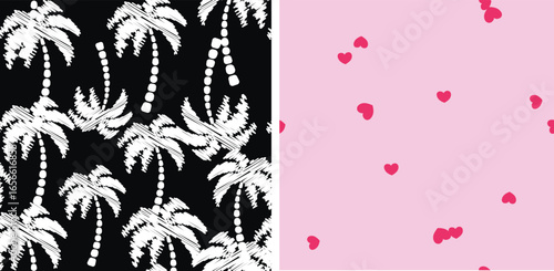 Modern Tropical and Cute Ditsy Seamless Pattern Set - Scribble Palm Tree and Minimalist Love Heart Backgrounds