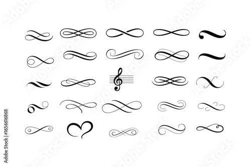 Elegant calligraphic flourishes and musical notation elements swirls curves