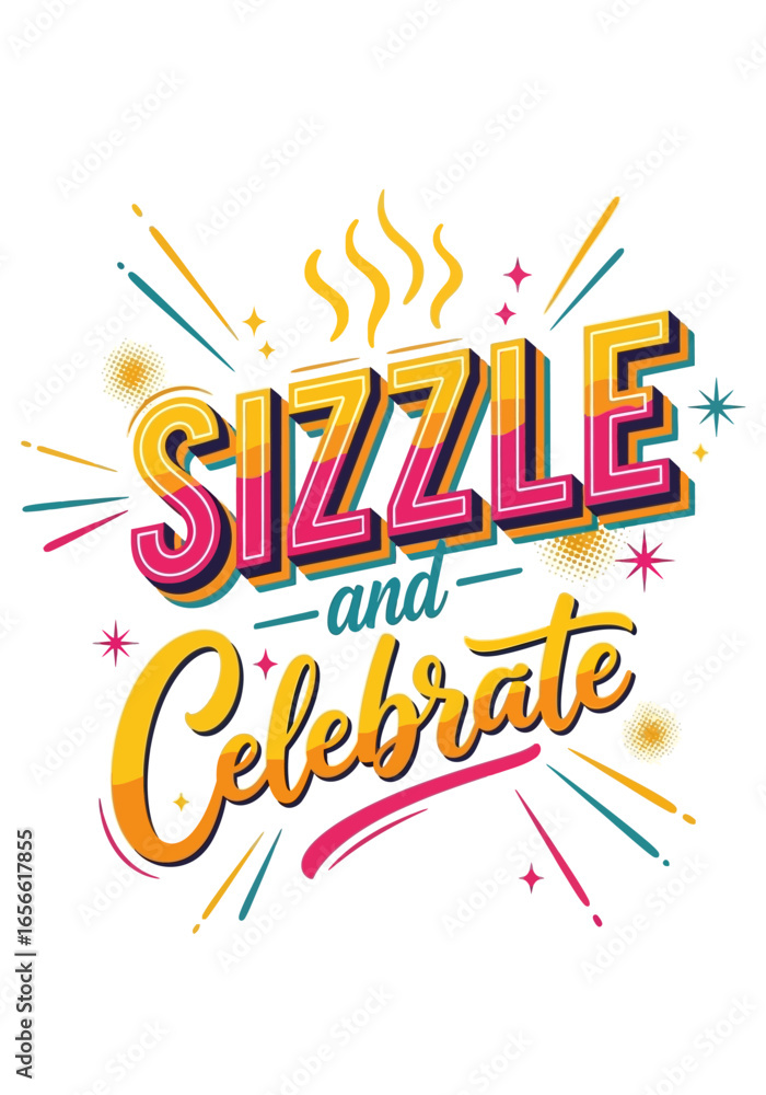 Obraz premium Vibrant Retro Sizzle and Celebrate Typography with Golden and Pink 3D Lettering. Vector Illustrations. EPS Editable