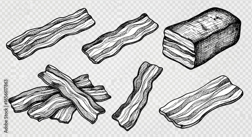 Vintage Engraved Bacon Set HandDrawn Crispy Strips and Pork Belly Slab. Vector Illustrations. EPS Editable