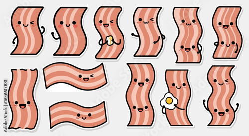 Adorable Kawaii Bacon Strips A Playful Collection of Cartoon Characters with Cute Expressions and Poses. Vector Illustrations. EPS Editable
