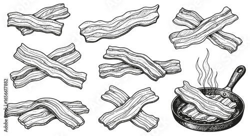 Vintage Engraved Bacon Collection HandDrawn Sizzling Skillet and Streaky Strips. Vector Illustrations. EPS Editable